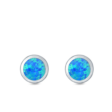 Round Stud Earrings Lab Created Blue Opal 925 Sterling Silver (8.8mm)